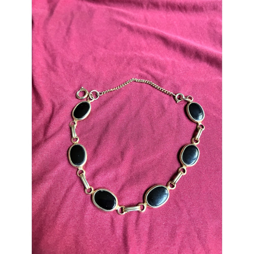 Vintage Style Black Oval Cabochon Gold Tone Link Bracelet Adjustable